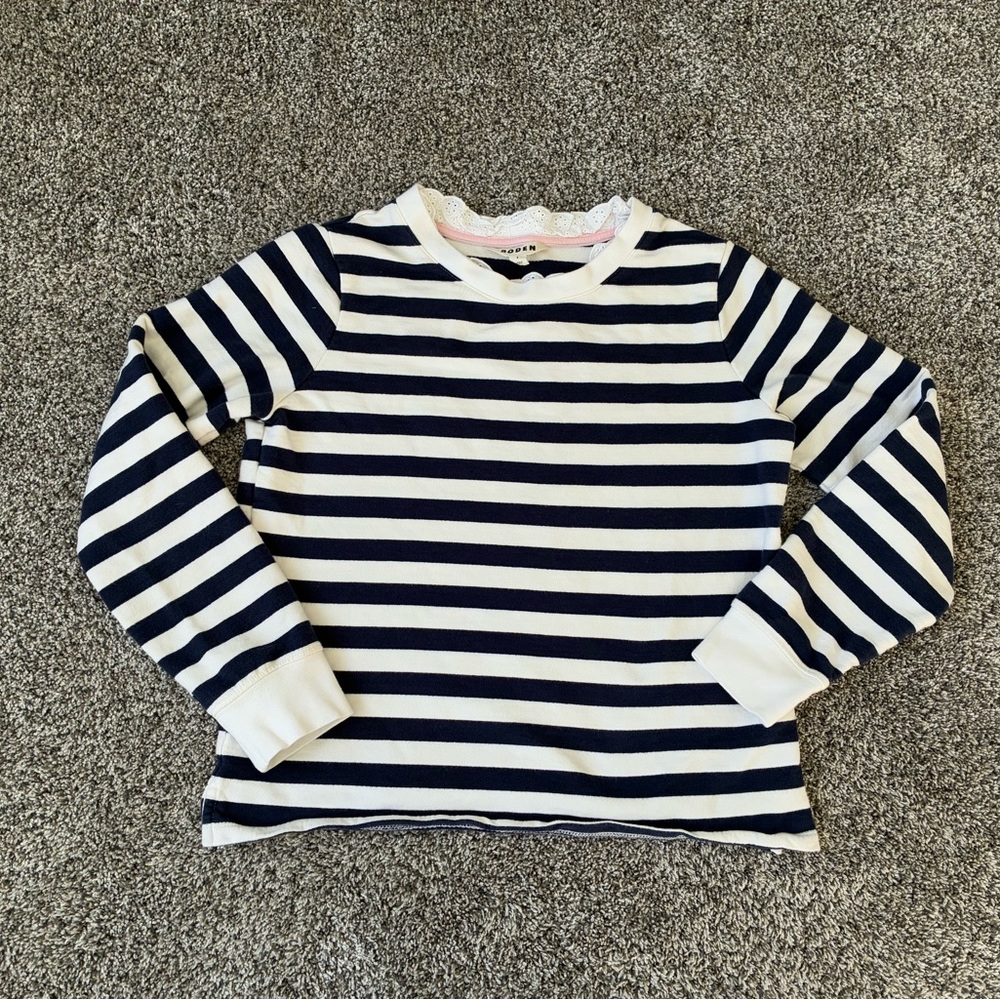 Boden Women’s Broderie Lace Trim Sweatshirt in Navy/Ivory, Size Small